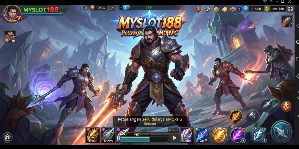 Screenshot gameplay MMORPG MYSLOT188 yang menampilkan pertarungan epik dan eksplorasi.