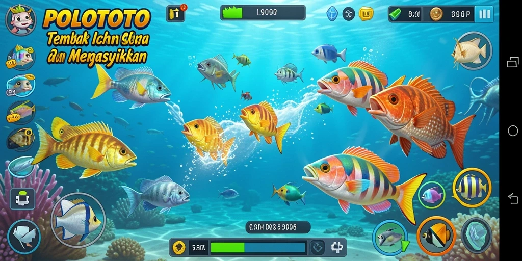 Screenshot POLOTOTO menampilkan aksi seru menembak ikan di dalam laut.