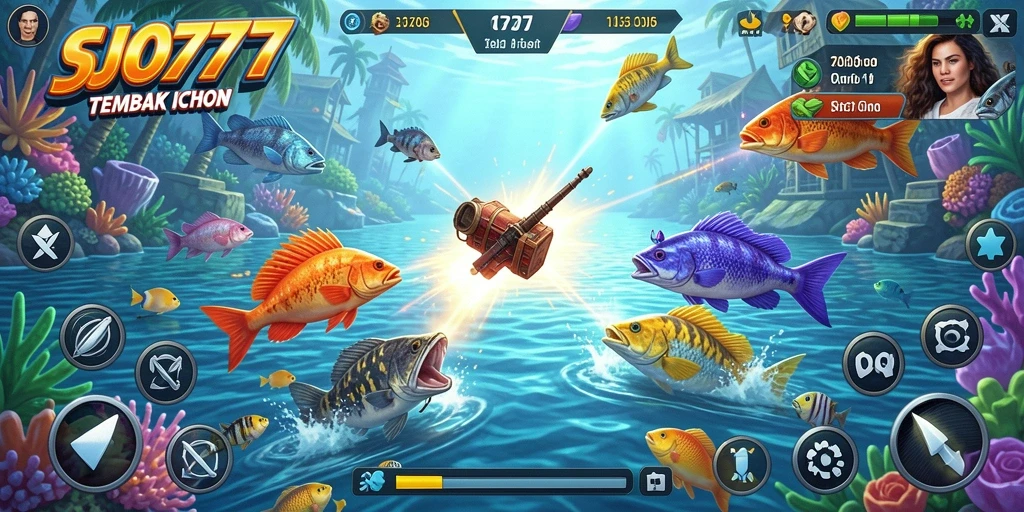 Screenshot gameplay SJO777 yang menampilkan aksi menembak ikan.