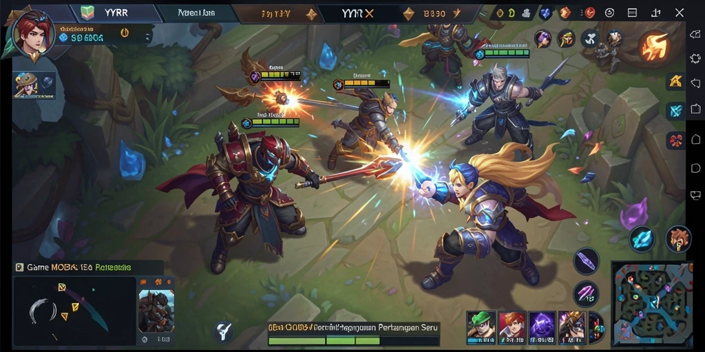 Screenshot gameplay YYRR yang menampilkan pertarungan seru antar karakter MOBA.